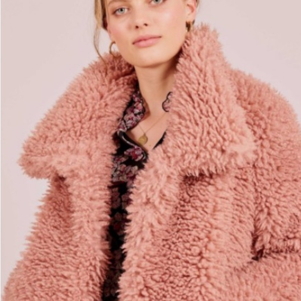 Goldie London Plush Faux Shearling Coat in Blush